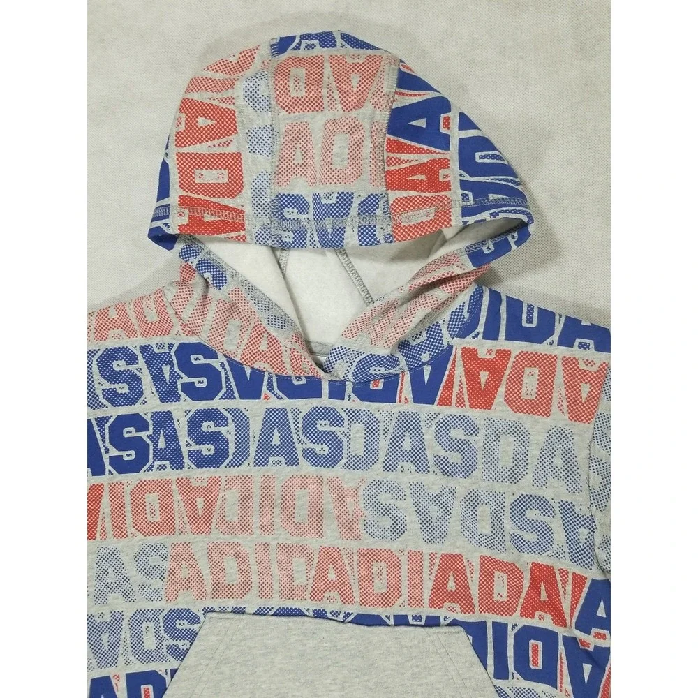 Adidas Boys Size Small Hoodie Sweatshirt Pullover Pocket Grey Red‎ Blue Logo NEW
